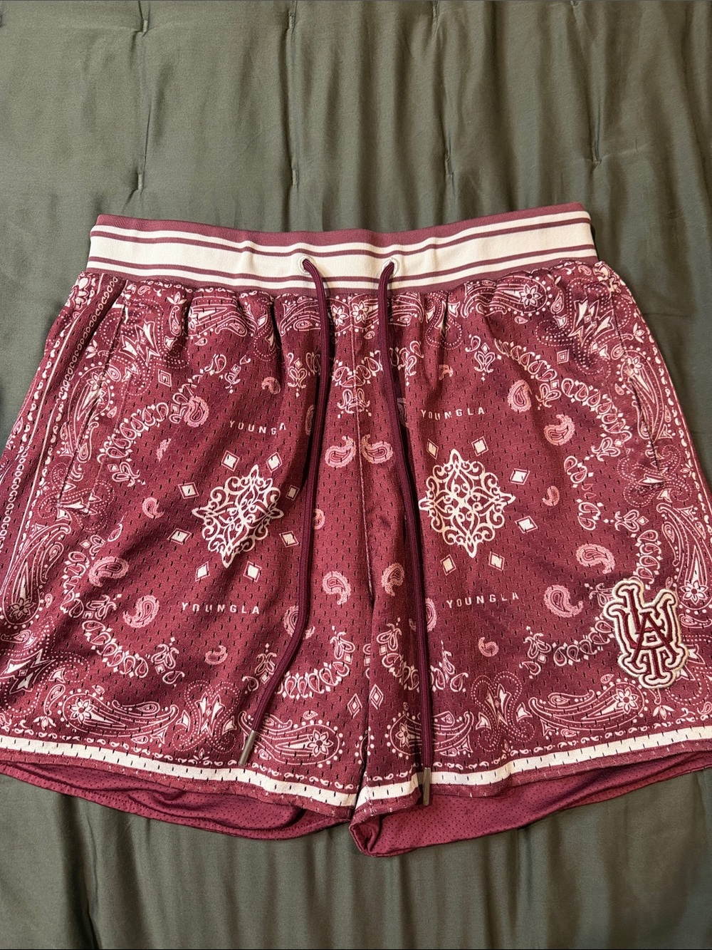 YoungLA Maroon Infamous Bandana Shorts with Striped Waist